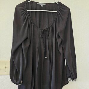 NY COLLECTION Women's Size M Black Blouse Pearls Rhinestone Cuffs Long Sleeves